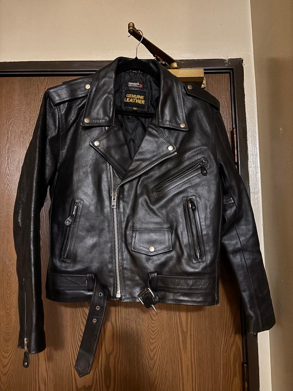 Black Leather Thinsulate Biker Moto Motorcycle Buckle Belted Coat/ Jacket